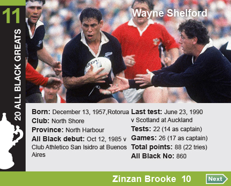 20 All Black Greats: 11. Wayne Thomas Shelford. Born: December 13, 1957, in Rotorua, Club: North Shore,  Province: North Harbour, All Black debut: October 12, 1985 v Club Athletico San Isidro at Buenos Aires, Last test: June 23, 1990 v Scotland at Auckland, Tests: 22 (14 as captain), Games: 26 (17 as captain), Total points: 88 (22 tries), All Black No: 860.