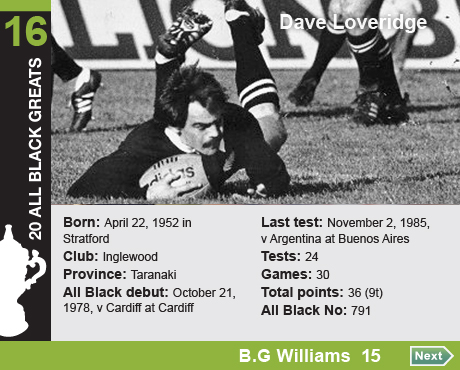 20 All Black Greats: 16 Dave Loveridge. Born: April 22, 1952 in 
Stratford, Club: Inglewood, Province: Taranaki, All Black debut: October 21, 1978, v Cardiff at Cardiff, Last test: November 2, 1985, v Argentina at Buenos Aires, Tests: 24
Games: 30, Total points: 36 (9t), All Black No: 791