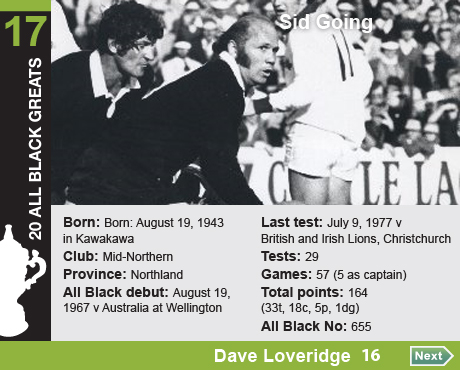 20 All Black Greats: 17 Sid Going. Born: Born: August 19, 1943 in Kawakawa, Club: Mid-Northern, Province: 

Northland, All Black debut: August 19, 1967 v Australia at Wellington, Last test: July 9, 1977 v British and Irish 

Lions, Christchurch, Tests: 29, Games: 57 (5 as captain), Total points: 164 (33t, 18c, 5p, 1dg), All Black No: 655