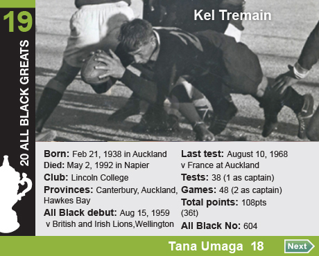 20 All Black Greats: 19 Kel Tremain. Born: Feb 21, 1938 in Auckland,Died: May 2, 1992 in Napier, Club: Lincoln 

College, Provinces: Canterbury, Auckland, Hawkes Bay, All Black debut: Aug 15, 1959 v British and Irish Lions, 

Wellington, Last test: August 10, 1968 v France at Auckland, Tests: 38 (1 as captain), Games: 48 (2 as captain) 

Total points: 108pts(36t), All Black No: 604