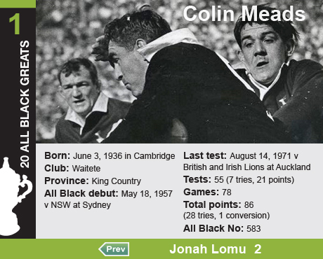 20 All Black Greats: 1 Colin Earl Meads, Born: June 3, 1936 in Cambridge, Club (first made All Blacks from): 

Waitete, Province: King Country, All Black debut: May 18, 1957 v NSW at Sydney, Last test: August 14, 1971 v 

British and Irish Lions at Auckland, Tests: 55 (7 tries, 21 points), Games: 78, Total points: 86 (28 tries, 1 

conversion), All Black no: 583.