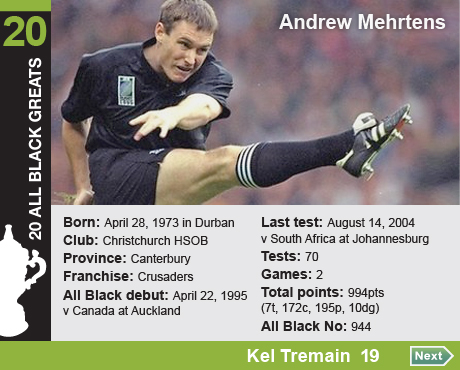 20 All Black Greats: 20 Andrew Mehrtens. Born: April 28, 1973 in Durban Club: Christchurch HSOB, Province: Canterbury, Franchise: Crusaders, All Black debut: April 22, 1995 v Canada at Auckland. Last test: August 14, 2004 v South Africa at Johannesburg, Tests: 70, Games: 2, Total points: 994pts (7t, 172c, 195p, 10dg). All Black No: 944