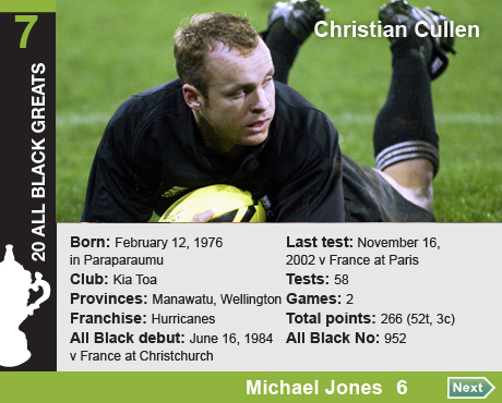 20 All Black Greats: 7 Christian Mathias Cullen, Born: February 12, 1976 in Paraparaumu, Club: Kia Toa, Provinces: Manawatu, Wellington, Franchise: Hurricanes, All Black debut: June 7, 1996 v Samoa at Napier, Last test: November 16, 2002 v France at Paris, Tests: 58, Games: 2, Total points: 266 (52t, 3c), All Black No: 952 