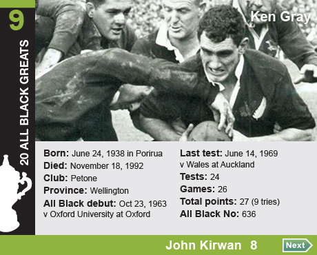20 All Black Greats: 9 Kenneth Francis Gray, Born: June 24, 1938 in Porirua, Died: November 18, 1992, Club: Petone, Province: Wellington, All Black debut: October 23, 1963 v Oxford University at Oxford, Last test: June 14, 1969 v Wales at Auckland, Tests: 24, Games: 26, Total points: 27 (9 tries), All Black No: 636