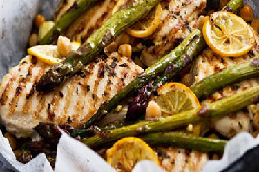 Lime Chicken with Chickpeas, Asparagus and Yoghurt Mint Sauce