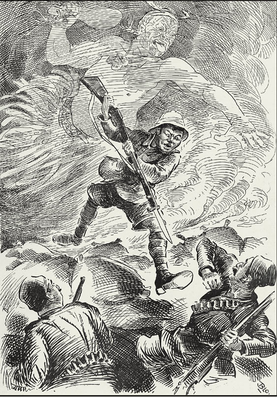 William Blomfield’s cartoon, in the Christmas 1915 issue of the New Zealand Observer, reflects the good reputation the Maori Contingent built by their actions at Gallipoli and evokes the Maori belief that ancestors guide the actions of their descendants. | Alexander Turnbull Library, A-312-1-088