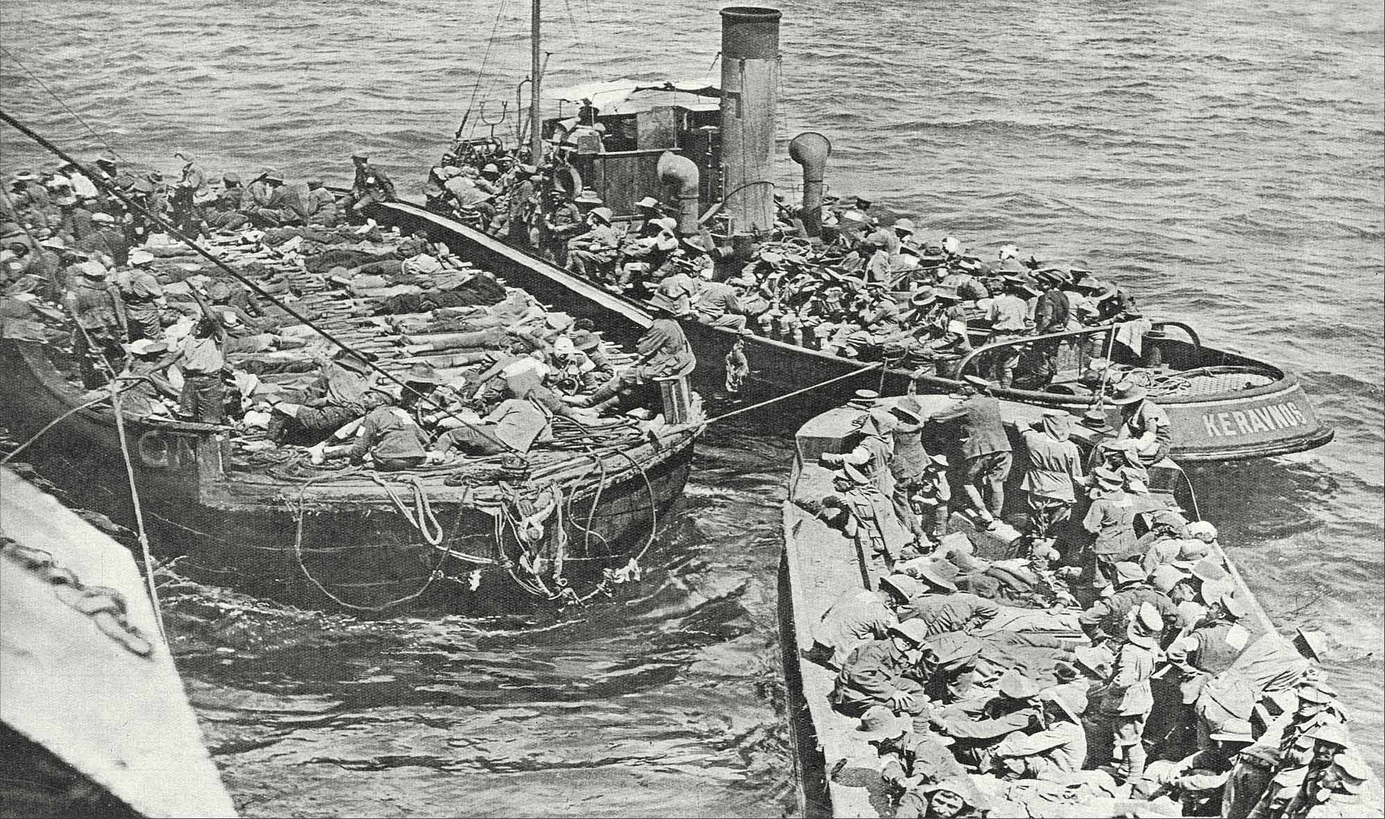 Conveying the wounded in barges to the hospital ships. | 18 November 1915 Weekly News