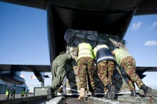An RNZAF C-130 Hercules is loaded with equipement by Air Movements and Loadmaster personnel. Photo / Supplied