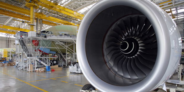 The engine of an Airbus A380 is seen on the plane's production line at the Airbus factory in Toulouse, France. Photo / Bloomberg