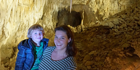 Bryn and Eveline Harvey inside Ruakuri Cave. Photo / Michael Harvey