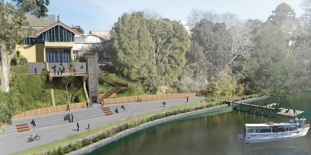 Artists concept of the promenade leading from the Victoria on the River site to Embassy Park via the bank of the Waikato River. Image / Hamilton City Council