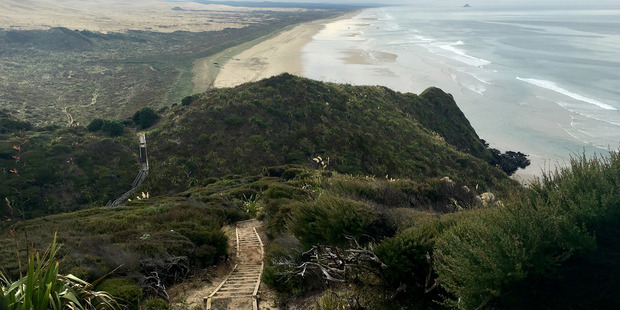 The staircase leading down to Scott Point and Ninety Mile Beach, at the start of the Te Araroa Trail.
