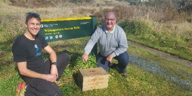 Kinloch pest group members Mark Gibson (left) and Ian Triscott pictured on the Whangamata Stream walking/cycle track where traps are being set by volunteers to rid the area of rats and other pests.