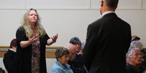Bay of Islands WatchDogs member Leonie Exel, of Russell, remonstrates with new Far North District Council chief executive Shaun Clarke. PHOTO / PETER DE GRAAF