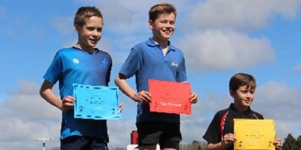 Champions of the U-11 Boys. First: Dylan Kowalewski Midhirst School, Second: Jack Keller Ngaere School, Third: Levi Carter Stratford Primary School.