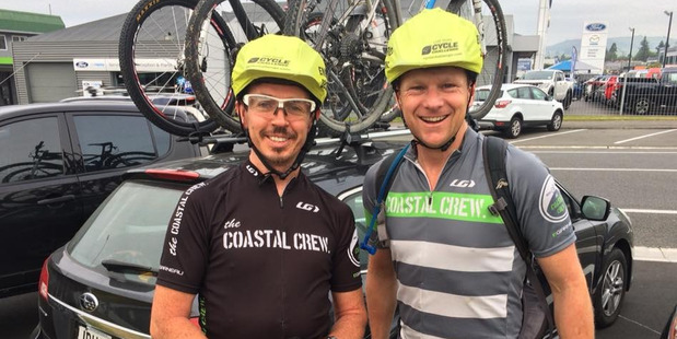 Ian Davidson (left) and Iain Guest did three laps of 85km Huka Challenge in tribute to their mate Peter Woodman-Aldridge.