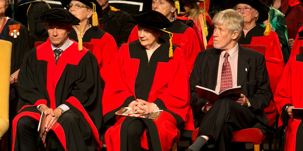 Helen Clark waits for her doctorate with husband Peter Davis. Photo / Alan Gibson