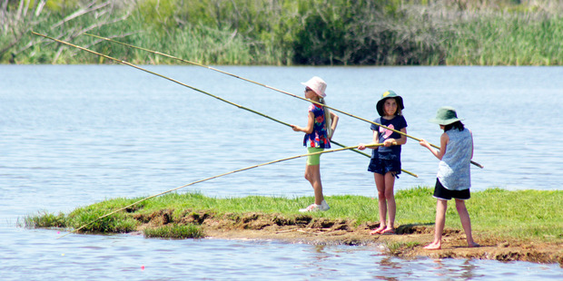 Schoolmates (from left) Rebekah Dewar, Poppy Hancock and Karli Falleni wait for the big one.