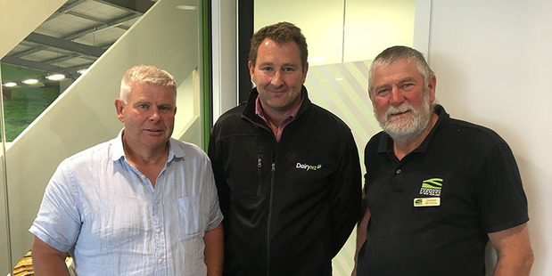 Mike Green (Taranaki Rural Support Trust), Simon Sankey (DairyNZ) and Donald McIntrye (Federated Farmers) in Inglewood. Photo / Supplied