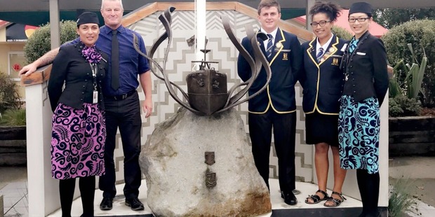 Air New Zealand staff members Holly Solomona, left, and Ebe Chan with Otaki College principal Andy Fraser, head boy Josh Braddock and head girl Telesia Nelson-Latu.