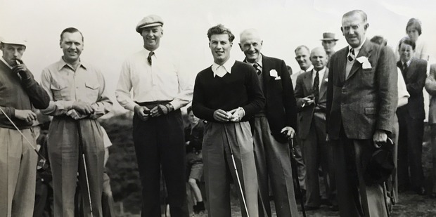 Peter Thomson, fourth from left, at a 1951 exhibition match at Paraparaumu Beach Golf Club.