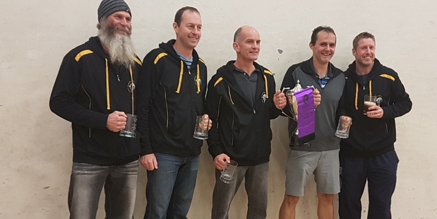 AD Long Cup winners, from Kapiti Squash Club, James Gould, left, Tim Seymour, Mark Millar, Paul Railton, Paul Steinmetz. Absent Sy Baker.