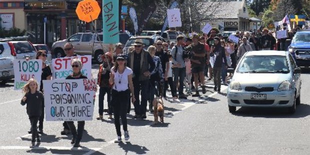 Former Far North District councillor and now environmental campaigner Di Maxwell (centre) leading Saturday's protest march in Kerikeri.