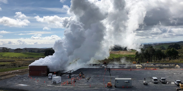 A column of steam rises above the drilling site at Ngāwhā where a new geothermal power plant is due to be built by 2021. Photo / supplied