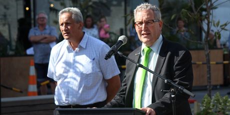 Hamilton Mayor Andrew King and Kaumatua for Hamilton City Tame Pokaia at the opening of Victoria on the River. Photo / Tom Rowland