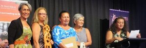 The Tai Tokerau Golden Masters Women team who won three gold medals at the world waka ama championships in Tahiti this year are in the running for the team of the year. Shown here picking up Team of the Year at the Taitokerau Maori Sports Awards in Waitangi last month are, Kura Heke, Tapi Kaiawe, Hilda Halkyard-Harawira and Colleen Munn ((manager reserve paddler) with presenter Ngahuia Harawira; absent are Liz Tane, Anita Thompson, Maria Collier and Esta Proctor along with coach Corina Gage.