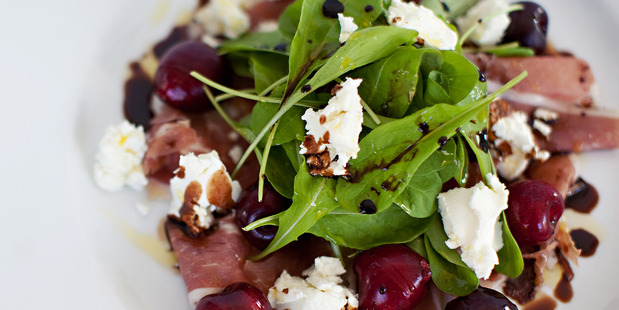 Salad of prosciutto, cherries, goat's curd and vincotto. Recipe from Bite.co.nz