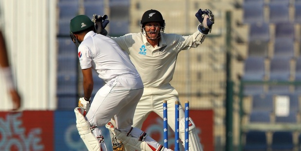 BJ Watling celebrates the wicket of Babar Azam. Photo / Photosport