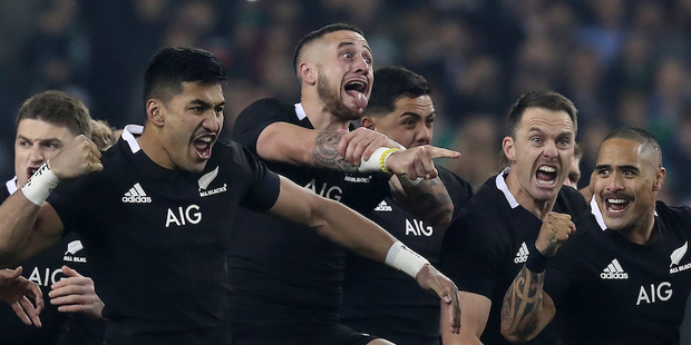 All Black TJ Perenara leads the Haka. Photo / Photosport