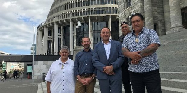 Treaty of Waitangi Negotiations Minister Andrew Little meeting representatives of Ngapuhi at Parliament in March, to discuss ways to progress redress negotiations for the iwi. From left, Rudy Taylor, Andrew Little, Pita Tipene, Hone Sadler (behind) and Raniera (Sonny) Tau.