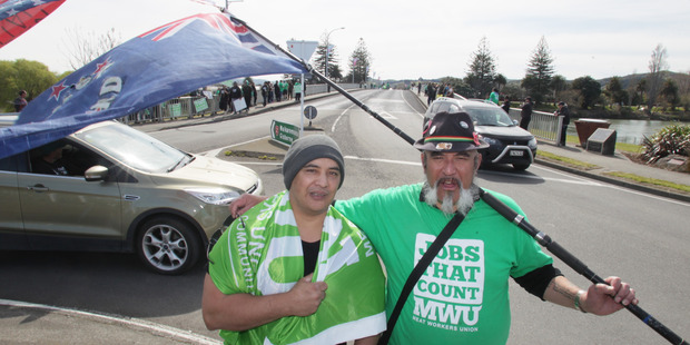 Affco workers protesting their plight in Wairoa in 2015, left Peter Amato, now site union secretary, and supporter Phil Reweti of Whanganui. Photo / File