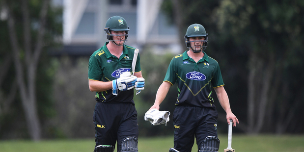 CD Stags batsmen Joshua Clarkson (left) and captain William Young walk off Colin Maiden Oval, Auckland, after putting the Auckland Aces to the sword on Saturday. Photo/Photosport