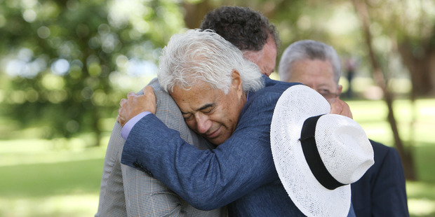 Wiremu Puriri greets Minister of Regional Development Shane Jones at Waitangi.