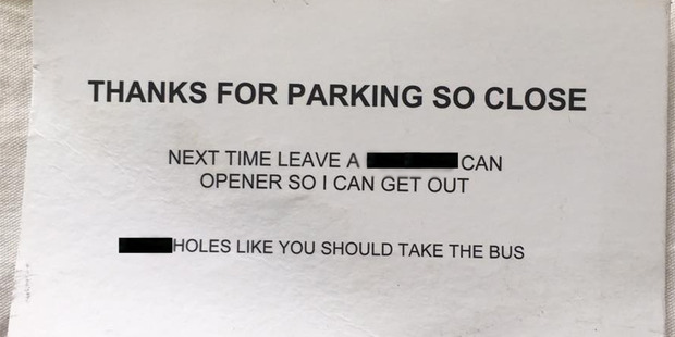 When Jo Clarke returned to her car she received a nasty surprise in the form of a note. Photo / Supplied