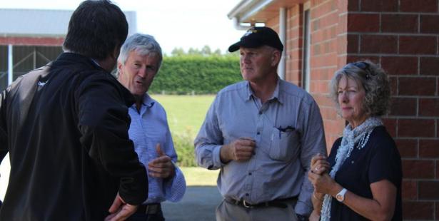 Damien O'Connor (second left) talks with DairyNZ's Richard Kyte (left) and Balfour dairy farmers Lyall and Jan Hopcroft last week about the drought at the Hopcrofts' farm. Photo / Nicole Sharp