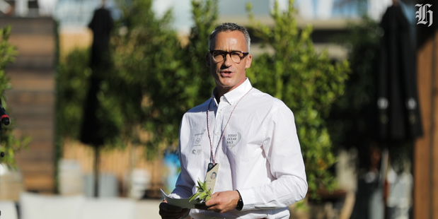 Volvo Ocean Race operations director Peter Ansell speaks at the opening of the event's "village". Photo / Michael Craig