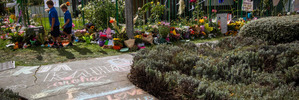 A Hawke's Bay mosque is smothered with flowers and messages of peace, love and respect after last Friday's horrific events in Christchurch. Photo / Hawke's bay Today