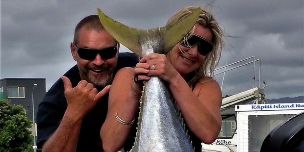 Lee Claxton, pictured with Reece Claxton, with a kingfish caught off Kāpiti Island. Photo / Karl Webber