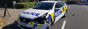 A damaged police car after it was involved in a collision with another car in Stonefields. Photo / Sam Sword