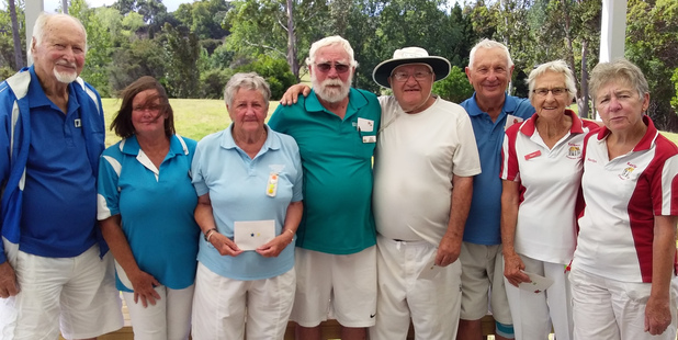 Drago Yelavich, Annette Molloy, Flo Osborne, Brian Bridge, Pete Nielsen, Brian Atkins, Elaine Allerby and Marilyn Williams were the top placegetters at a Kerikeri Croquet Club event. Photo / Supplied
