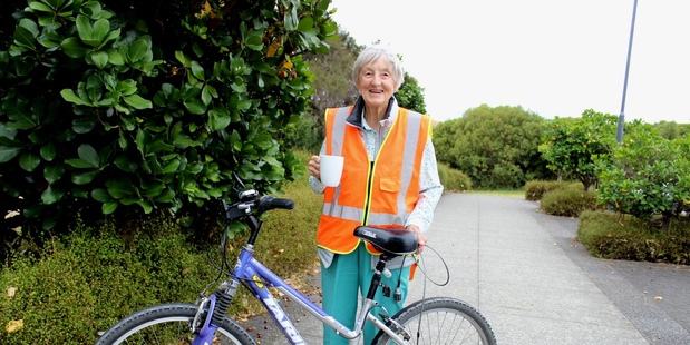 Sally Mathieson, 80, enjoying a cuppa after cycling from Waikanae to Paraparaumu Library. Photo / Rosalie Willis