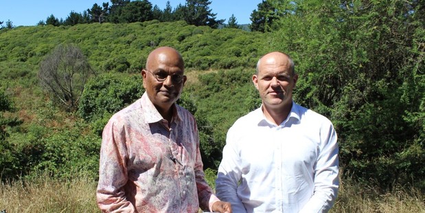 Kāpiti Mayor K Gurunathan, left, and Summerset chief executive Julian Cook, check out the site for a new retirement village in Waikanae. Photo / David Haxton