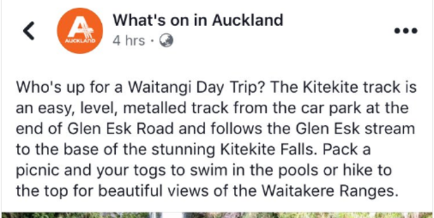 ATEED's original post promoted the Kitekite track in the Waitakeres as a great way to spend Waitangi Day. Photo / Twitter