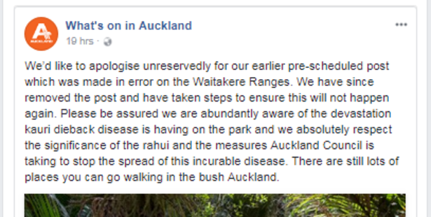 An apology statement issued by the organisation on Waitangi Day said the post was pre-scheduled and posted in error. Photo / Facebook