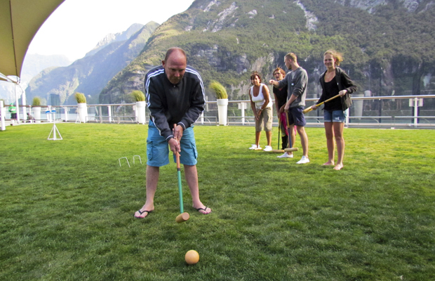 a leisurely game of croquet on the top-deck lawn as the ship